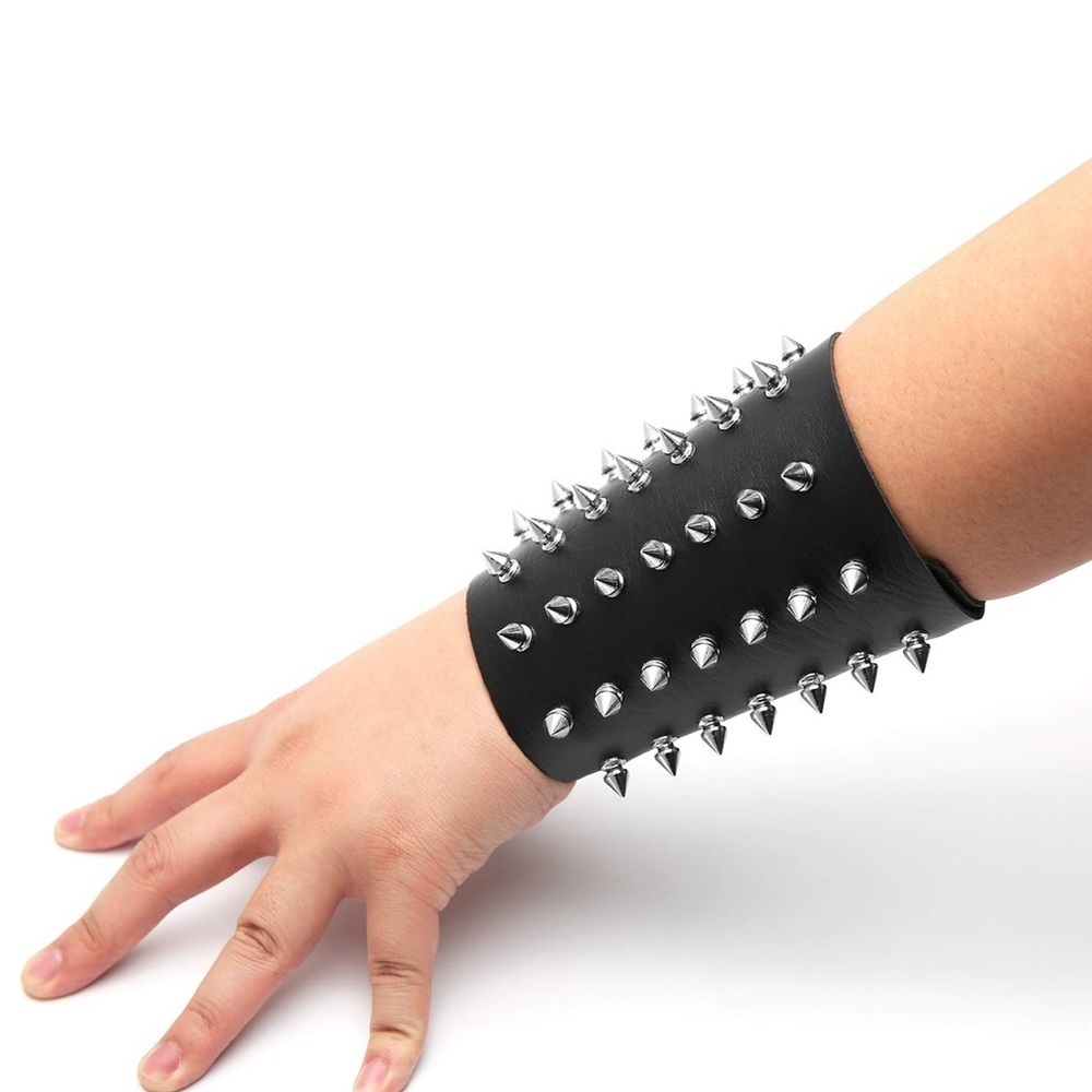 Unisex Black Metal Spike Studded Punk Rock Biker Wide Leather Bracelet 1 Pair